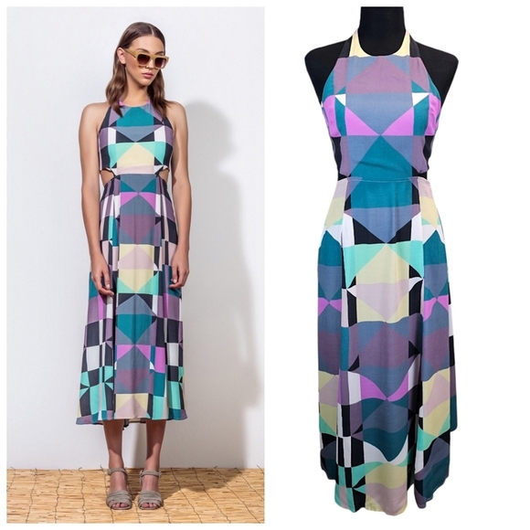 Mara Hoffman Tie Back Cut Out Midi Dress Diamonds Plum 0 Geometric Halter Chic - Picture 2 of 16
